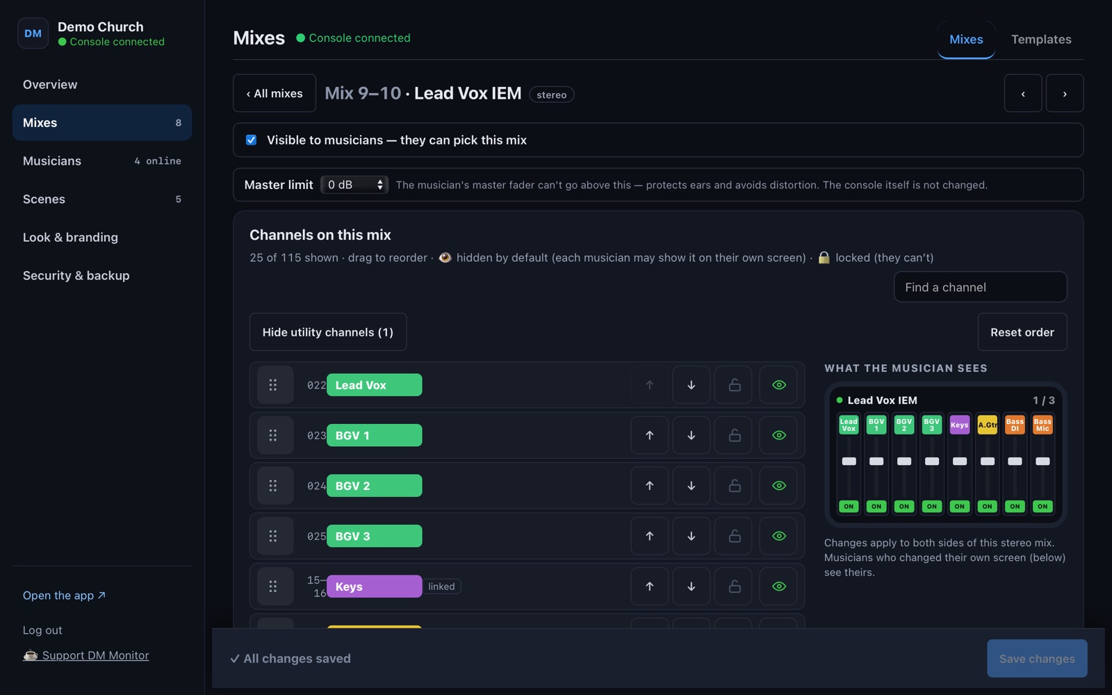 A mix’s default screen, with a master limit and a live preview of what the musician sees.