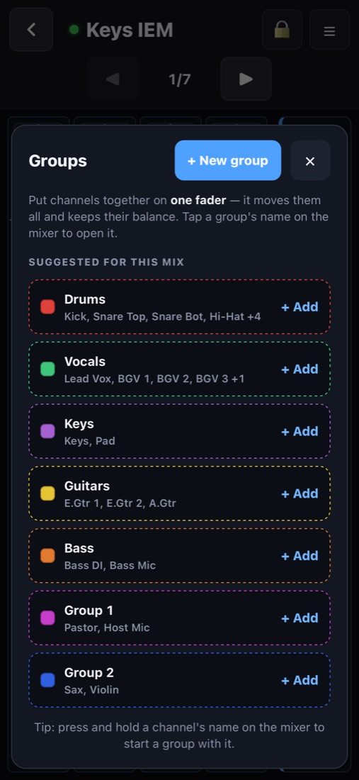 Suggested groups come from the channel names — tap + Add.