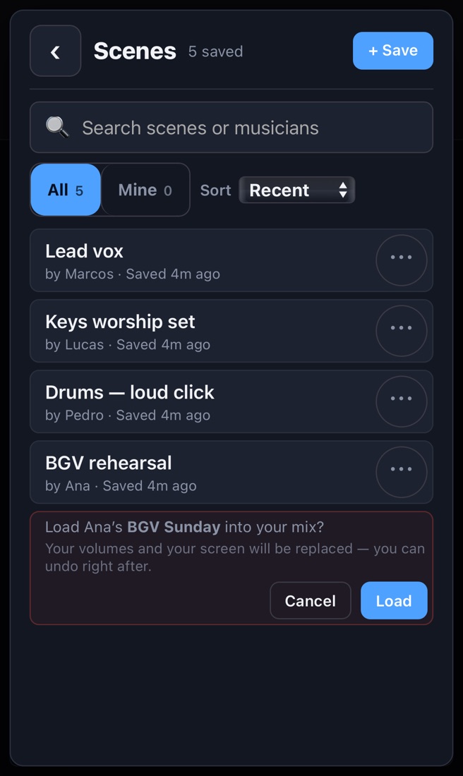 Loading asks first — here, Ana’s scene on Joel’s mix.