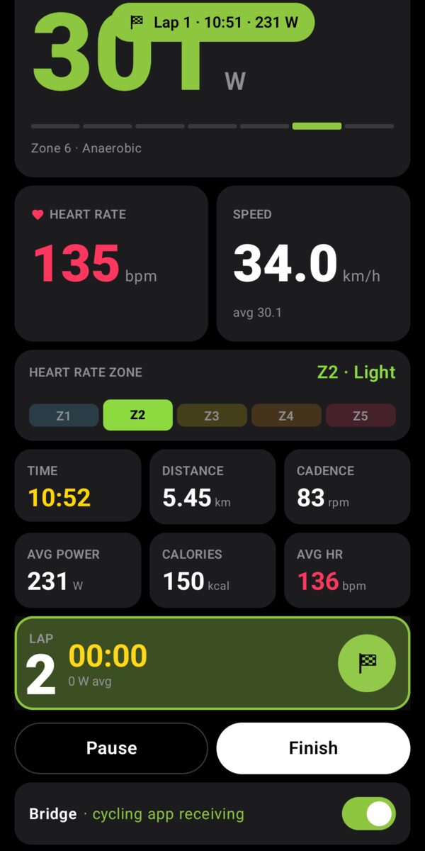 Lap card and the bridge switch showing a cycling app receiving